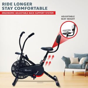 powermax fitness bu 201 dual action air bike/exercise bike for home |gym cycle for workout with adjustable cushioned seat cushioned seat | non slip pedals | moving handles black gym bike, max user weight 120 kg