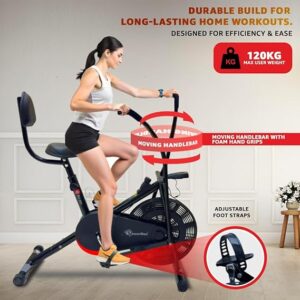 powermax fitness bu 201 dual action air bike/exercise bike for home |gym cycle for workout with adjustable cushioned seat cushioned seat | non slip pedals | moving handles black gym bike, max user weight 120 kg