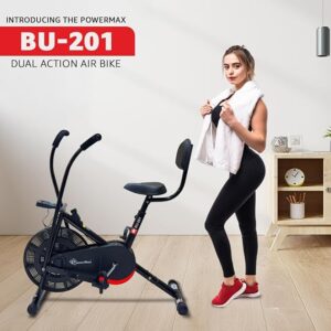 powermax fitness bu 201 dual action air bike/exercise bike for home |gym cycle for workout with adjustable cushioned seat cushioned seat | non slip pedals | moving handles black gym bike, max user weight 120 kg