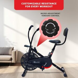 powermax fitness bu 201 dual action air bike/exercise bike for home |gym cycle for workout with adjustable cushioned seat cushioned seat | non slip pedals | moving handles black gym bike, max user weight 120 kg