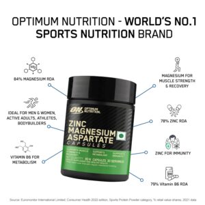 optimum nutrition (on) zinc magnesium aspartate (zma) 60 capsules, muscle strength, metabolism, immunity, vegetarian